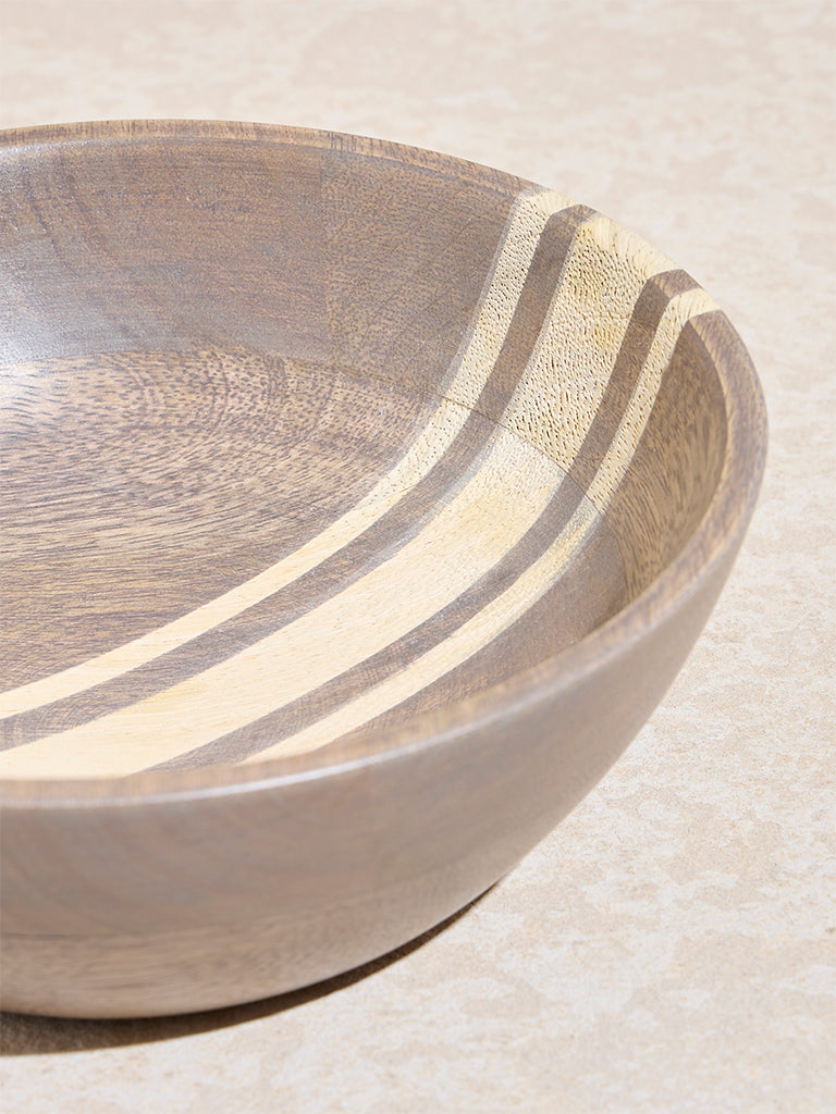 Westside Home Beige Stripe Printed Wooden Bowl - Medium