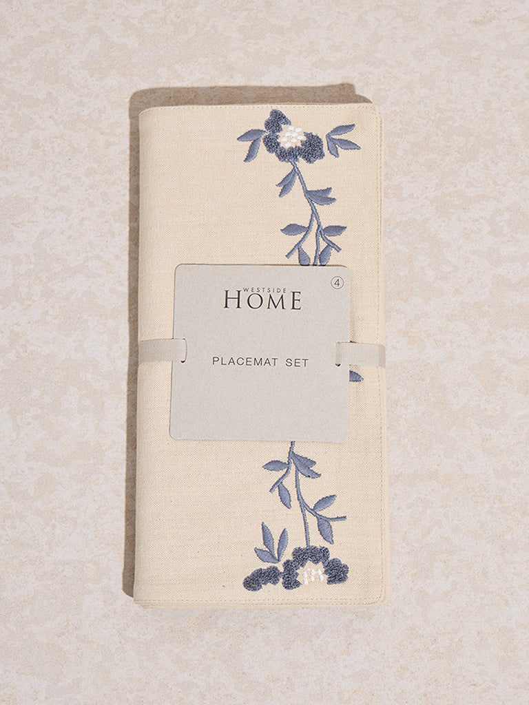 Westside Home Dusty Blue Floral Embroidered Placemat (Set of 4)