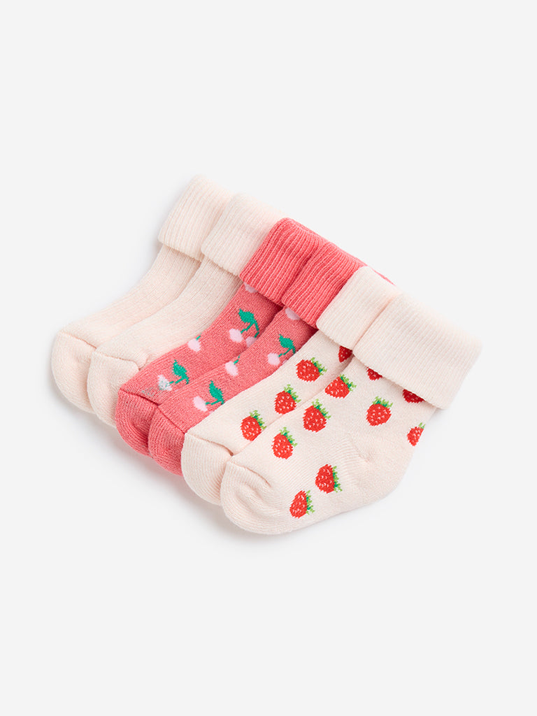 HOP Baby Pink Fruit Printed Socks - Pack of 3