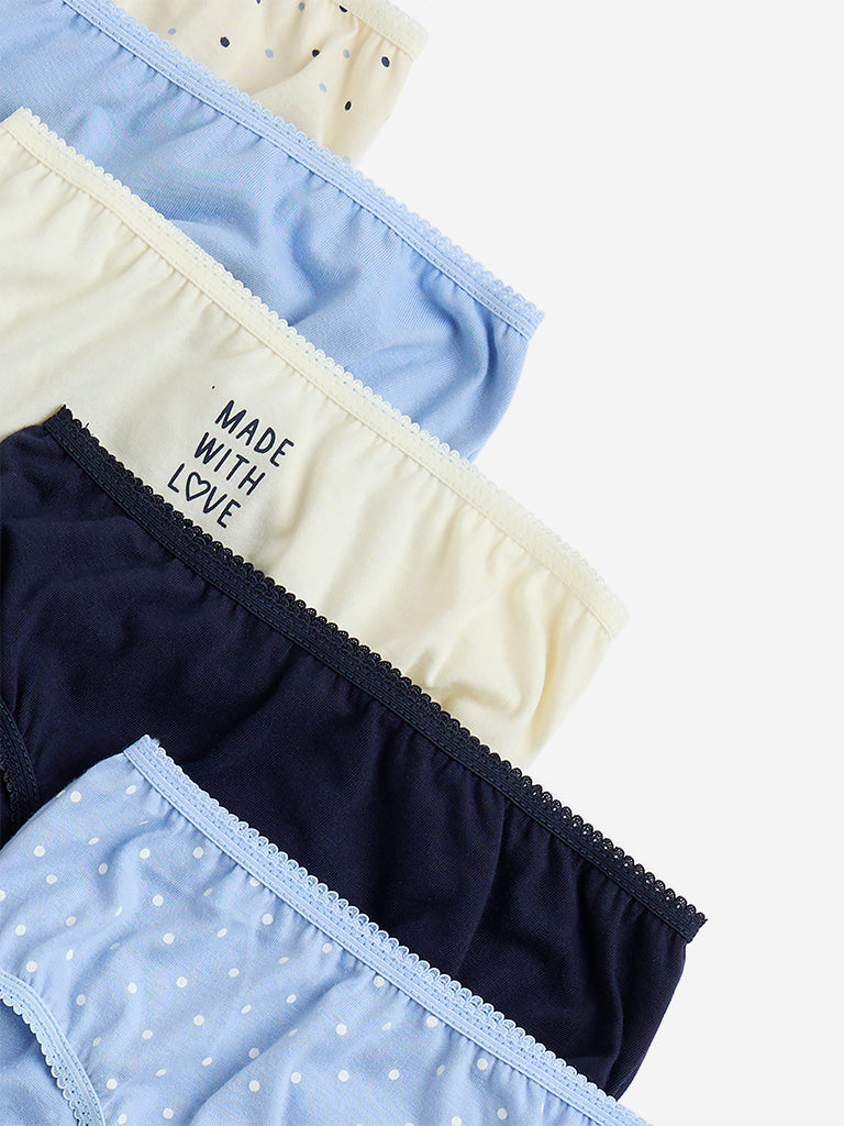 Y&F Kids Blue Polka-Dotted Cotton Briefs - Pack of 5