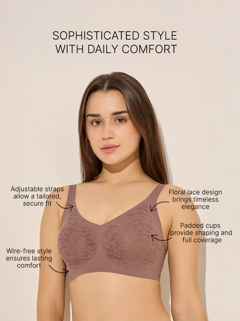 Wunderlove Brown Floral Lace Design Padded Bra
