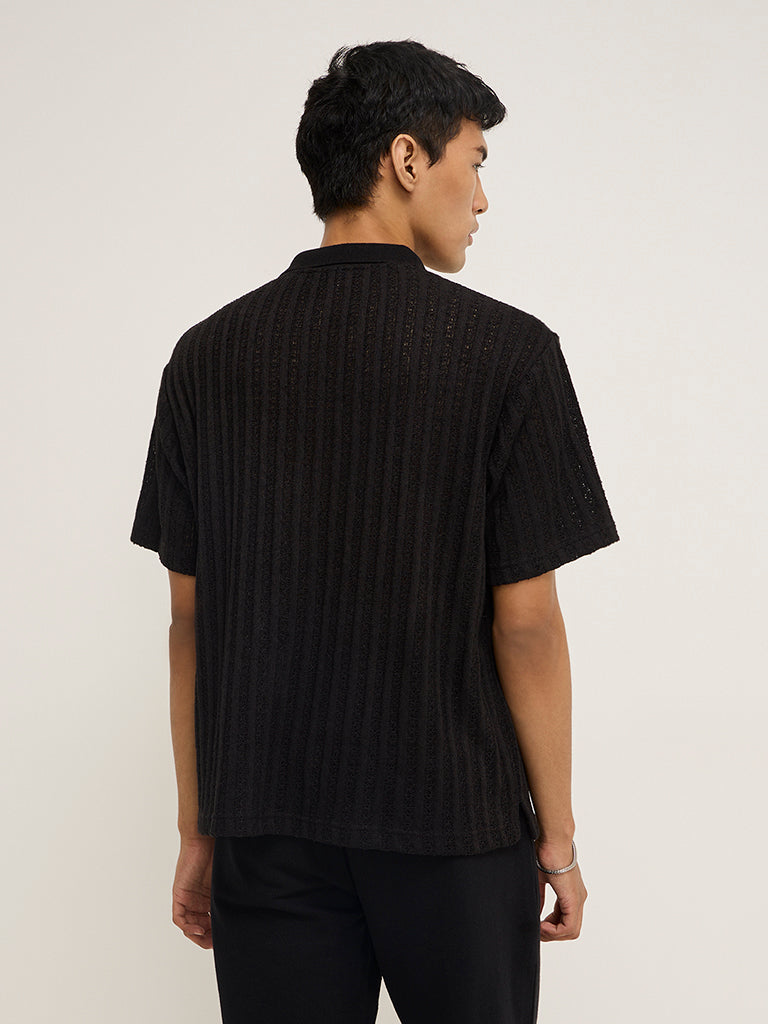 Westside ETA Men's Black Knit-Textured Relaxed-Fit Polo T-Shirt for Casual Wear Back View
