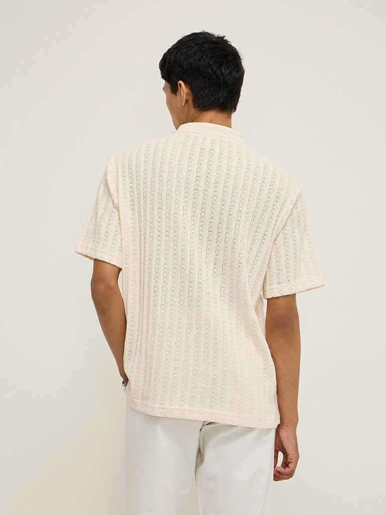 Westside ETA Men's Off-White Knit-Textured Relaxed-Fit Polo T-Shirt for Casual Wear Back View