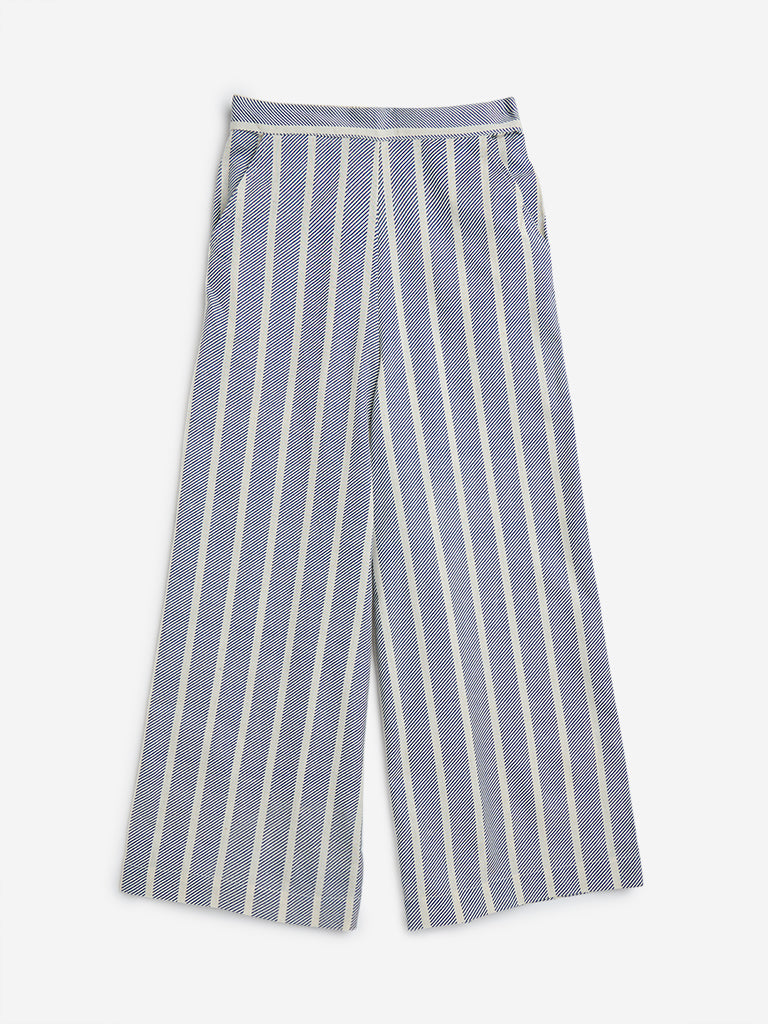 Utsa Kids Blue Striped High-Rise Cotton-Blend Pants - (8-14yrs)