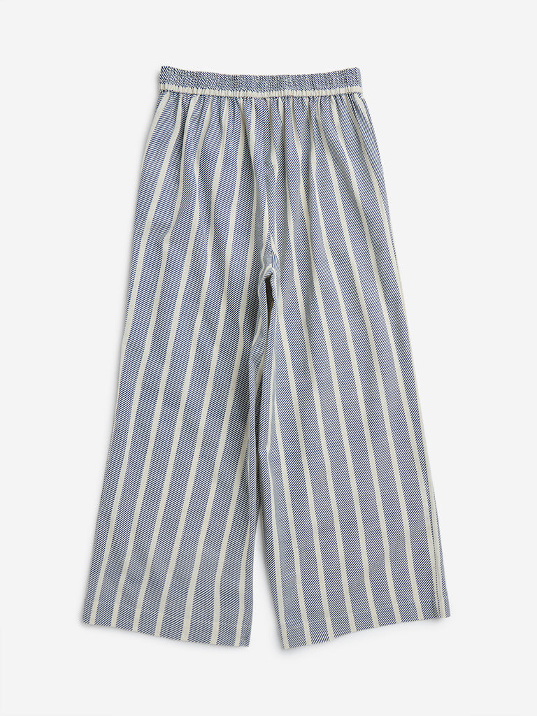 Utsa Kids Blue Striped High-Rise Cotton-Blend Pants - (8-14yrs)