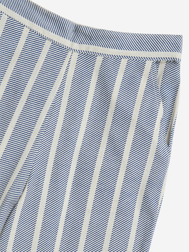 Utsa Kids Blue Striped High-Rise Cotton-Blend Pants - (8-14yrs)