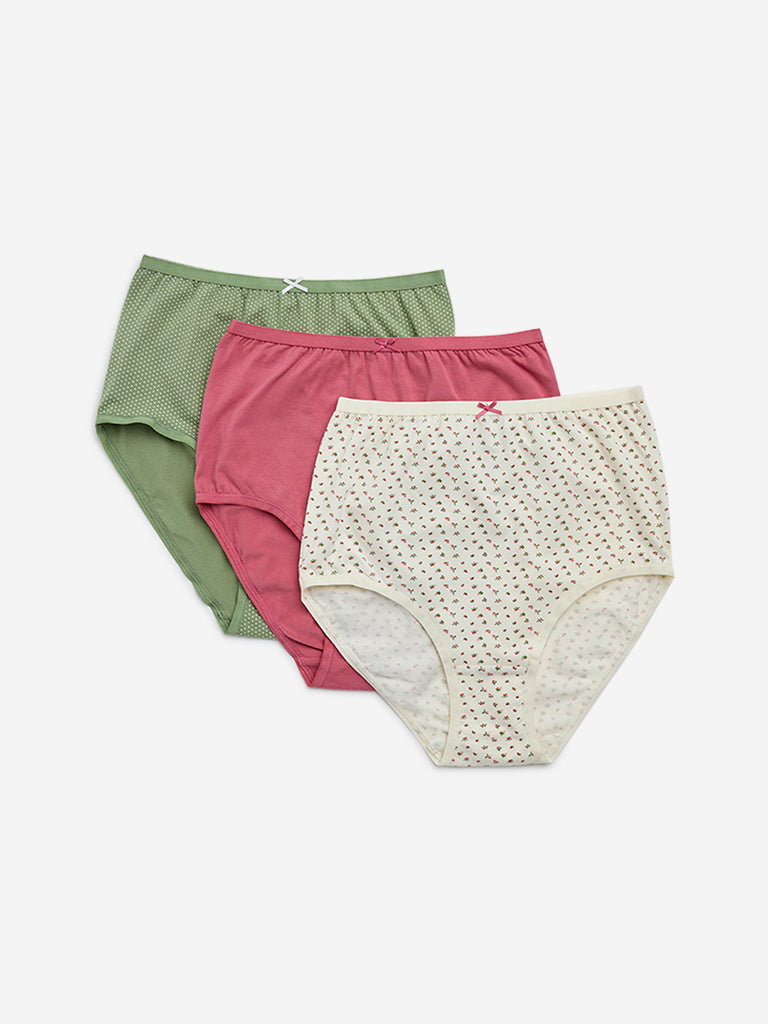 Wunderlove Ivory Printed Cotton Blend Briefs - Pack of 3