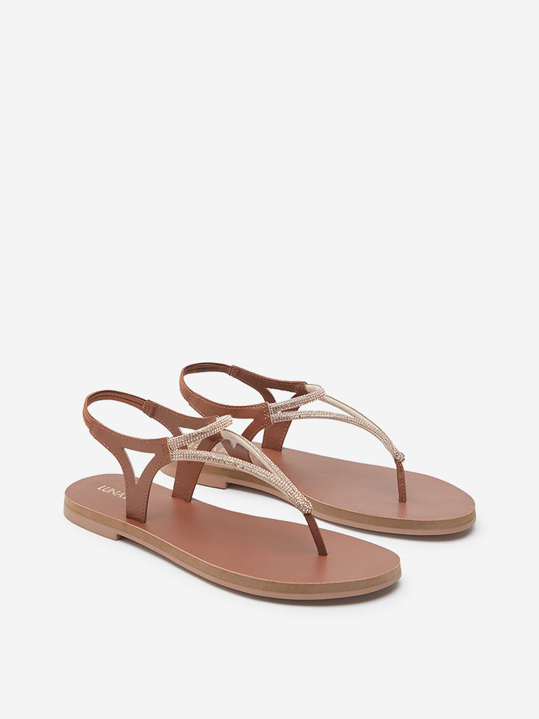 LUNA BLU Tan Diamante Embellished Sandals