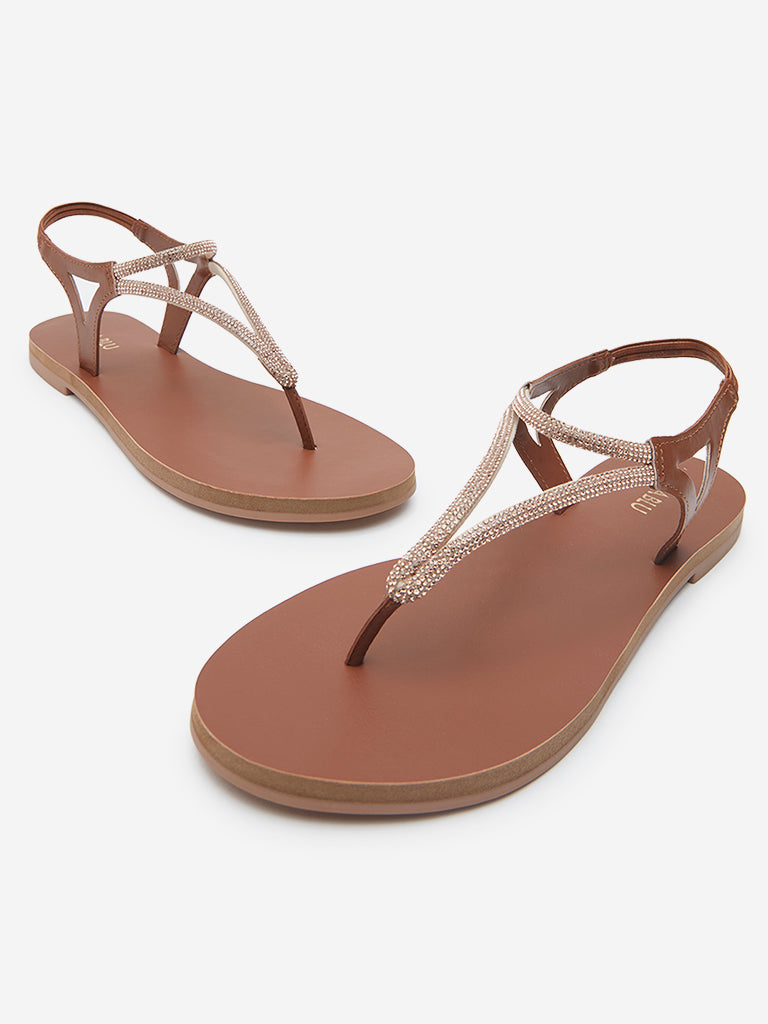 Westside LUNA BLU Women's Tan Diamante Embellished Sandals for Casual Wear Zoomed View
