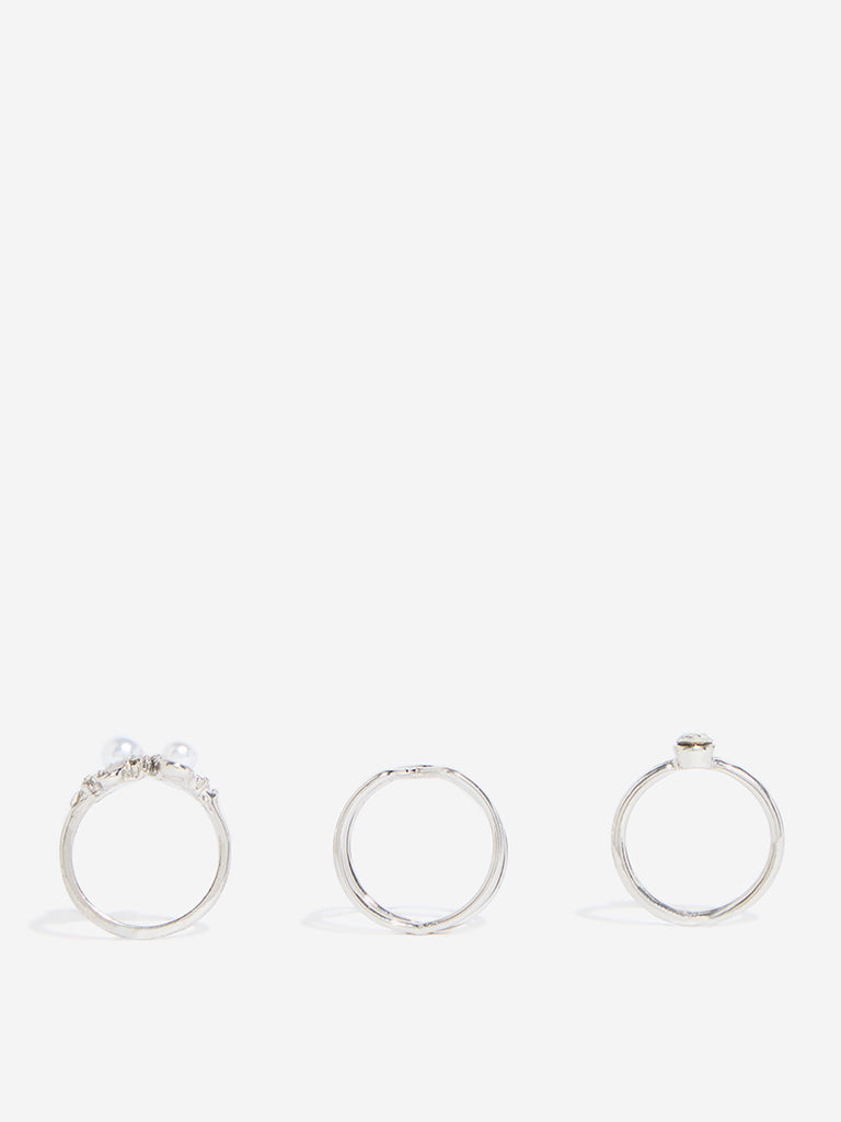 Westside Accessories Silver Pearls & Stone Embellished Rings - Set of 3
