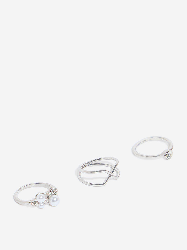 Westside Accessories Silver Pearls & Stone Embellished Rings - Set of 3