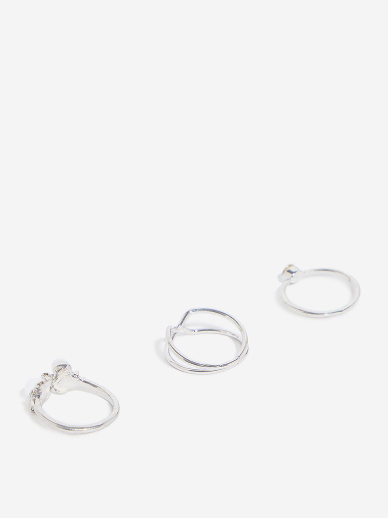 Westside Accessories Silver Pearls & Stone Embellished Rings - Set of 3