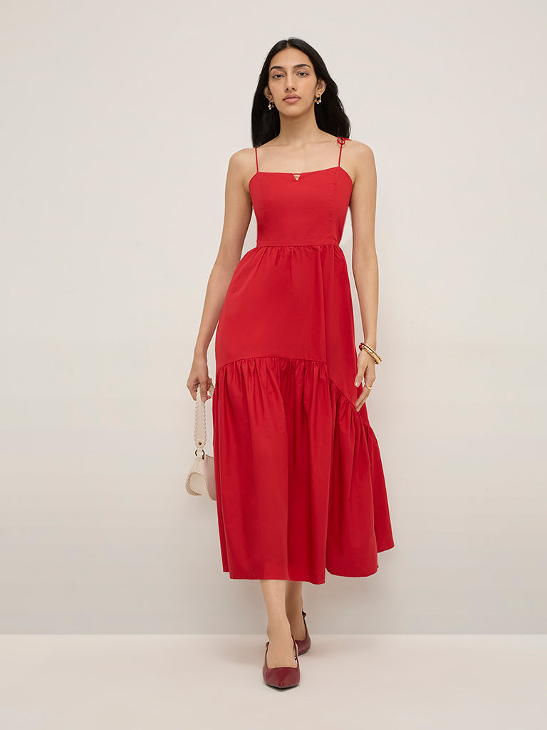 LOV Red Bow Design Cotton A-Line Dress