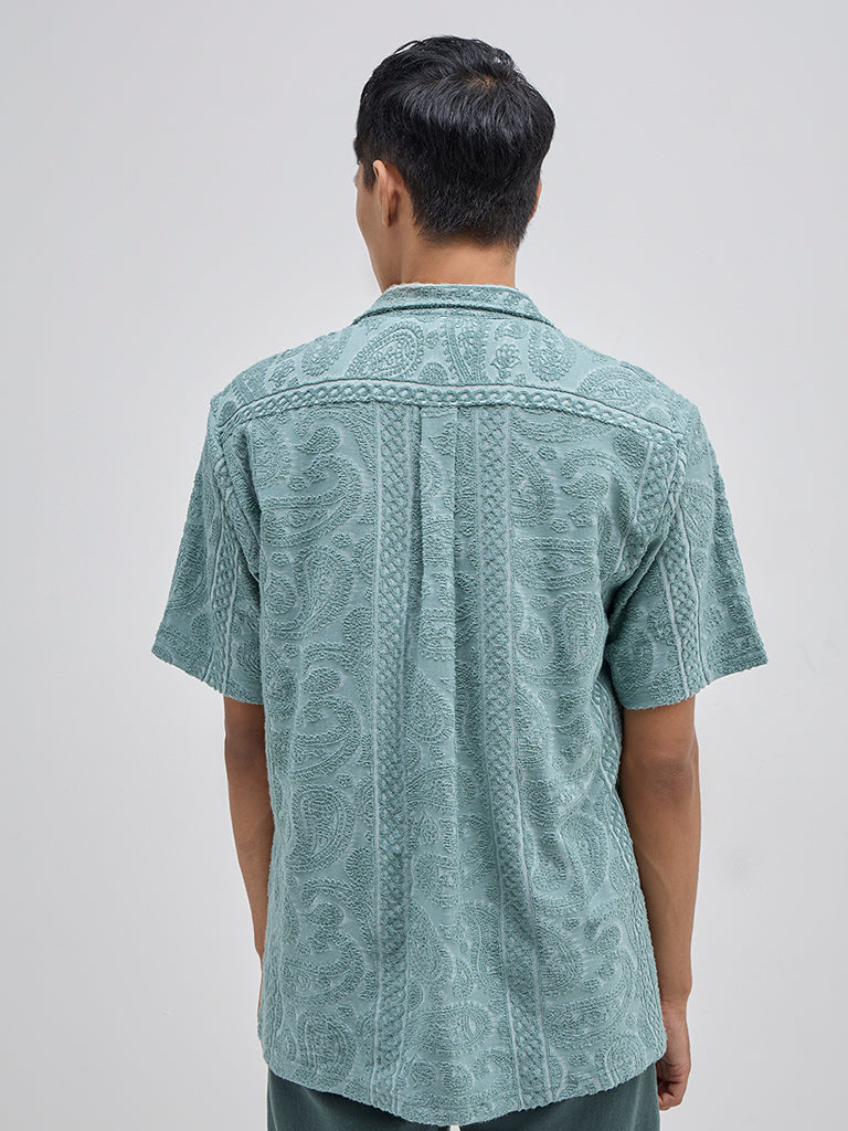 ETA Teal Embroidered Relaxed-Fit Cotton Shirt