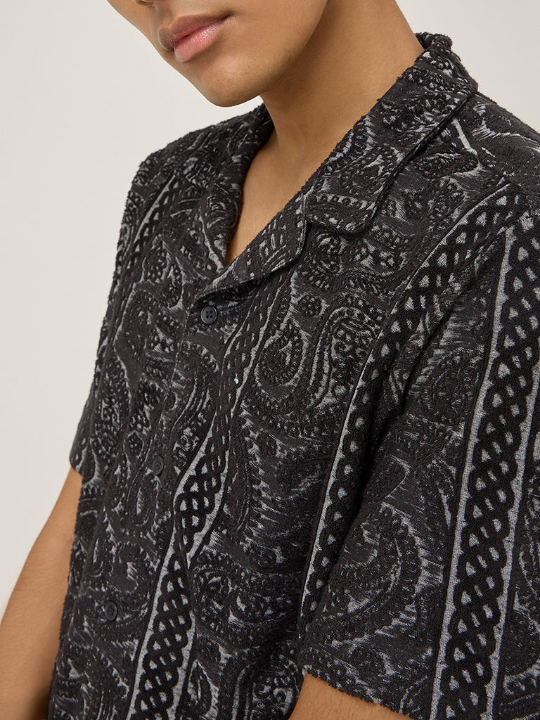 ETA Black Embroidered Relaxed-Fit Cotton-Blend Shirt