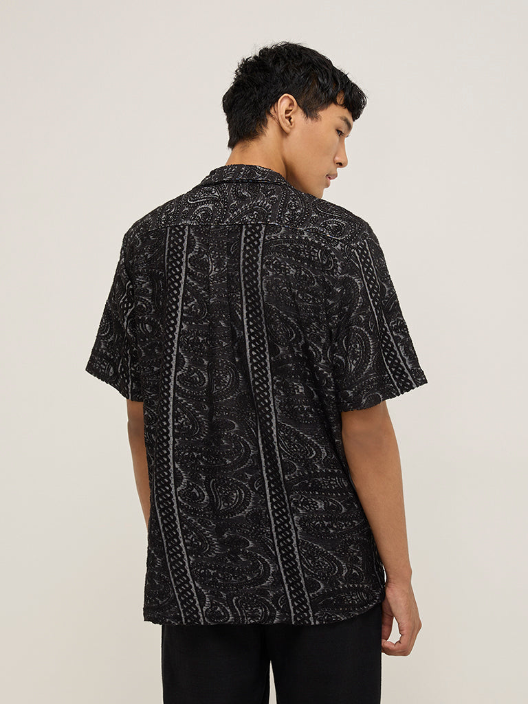 Westside ETA Men's Black Embroidered Relaxed-Fit Cotton-Blend Shirt for Casual Wear Back View