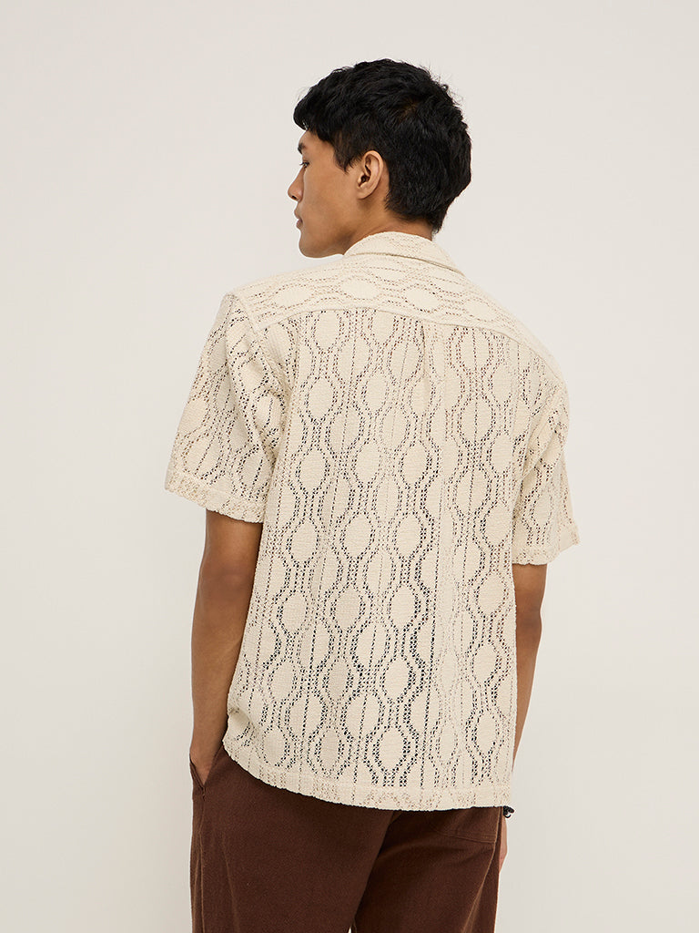 Westside ETA Men's Beige Floral Knitted Relaxed-Fit Cotton-Blend Shirt for Casual Wear Back View