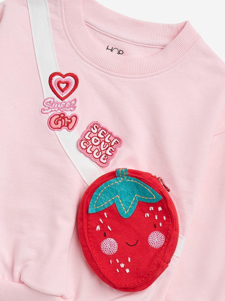 Westside HOP Kids Light Pink Pouch Detailed Cotton-Blend Sweatshirt for Winter Wear Zoomed View
