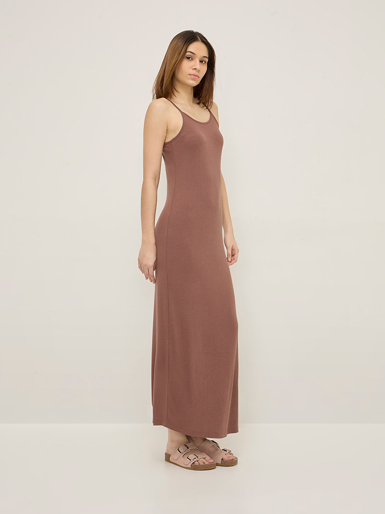 Superstar Light Brown Ribbed Textured Straight Dress