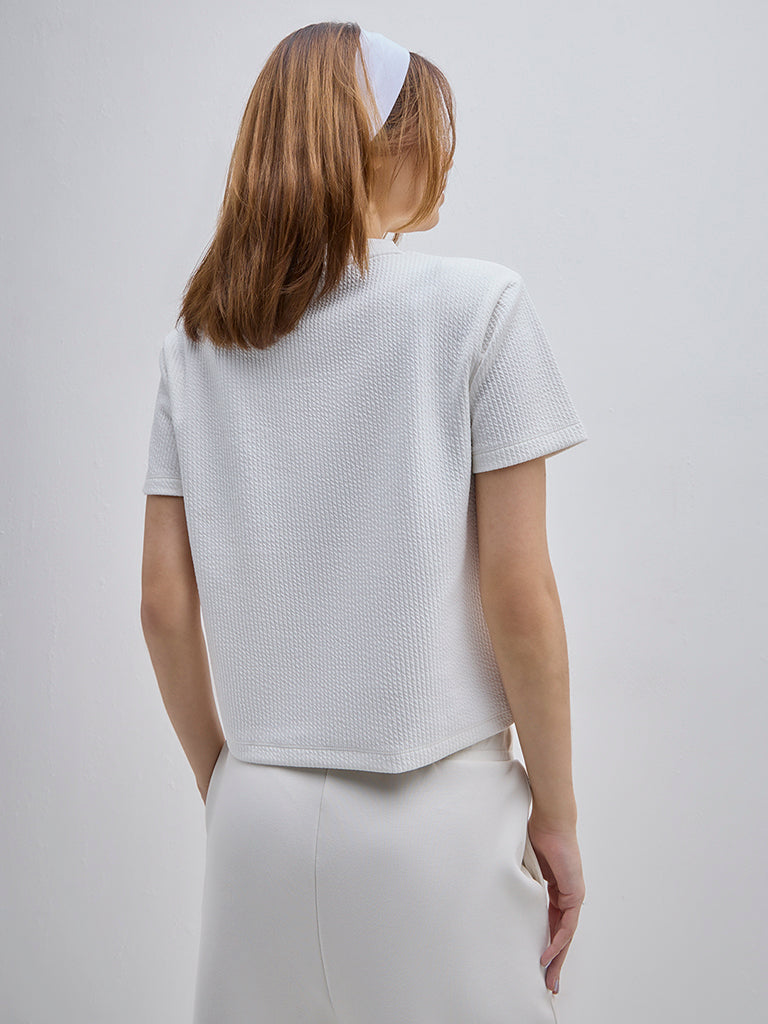 Westside Studiofit Women's White Ribbed T-Shirt for Sports Wear Back View