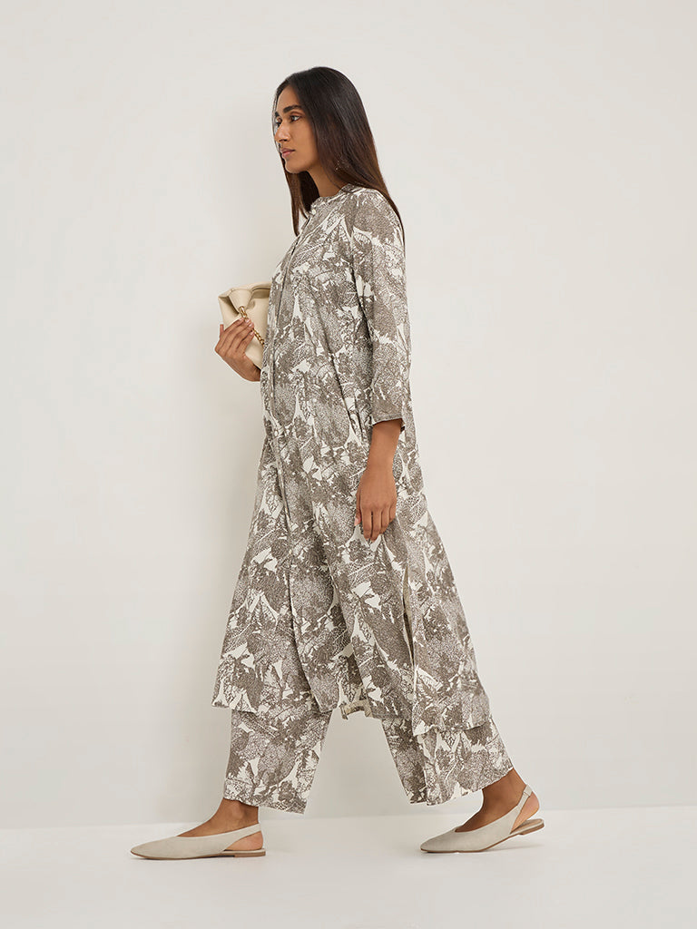 Utsa Charcoal Leaf Printed A-Line Kurta