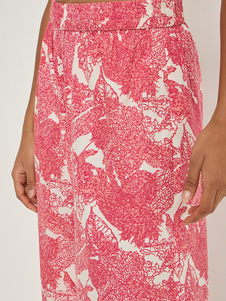 Utsa Pink Leaf Printed High-Rise Palazzos