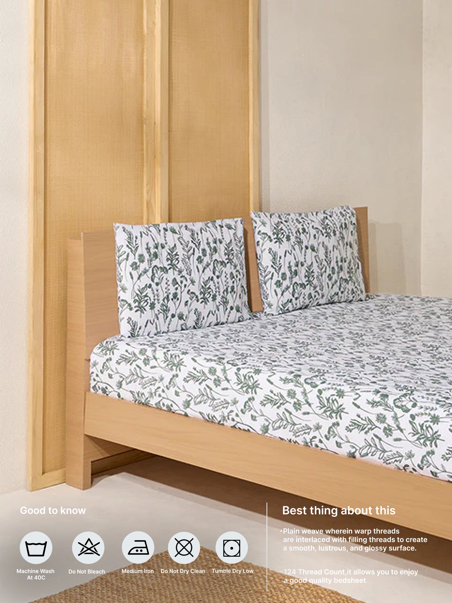 Westside Home Dark Green Botanical Design King Bed Flat Sheet and Pillowcase Set