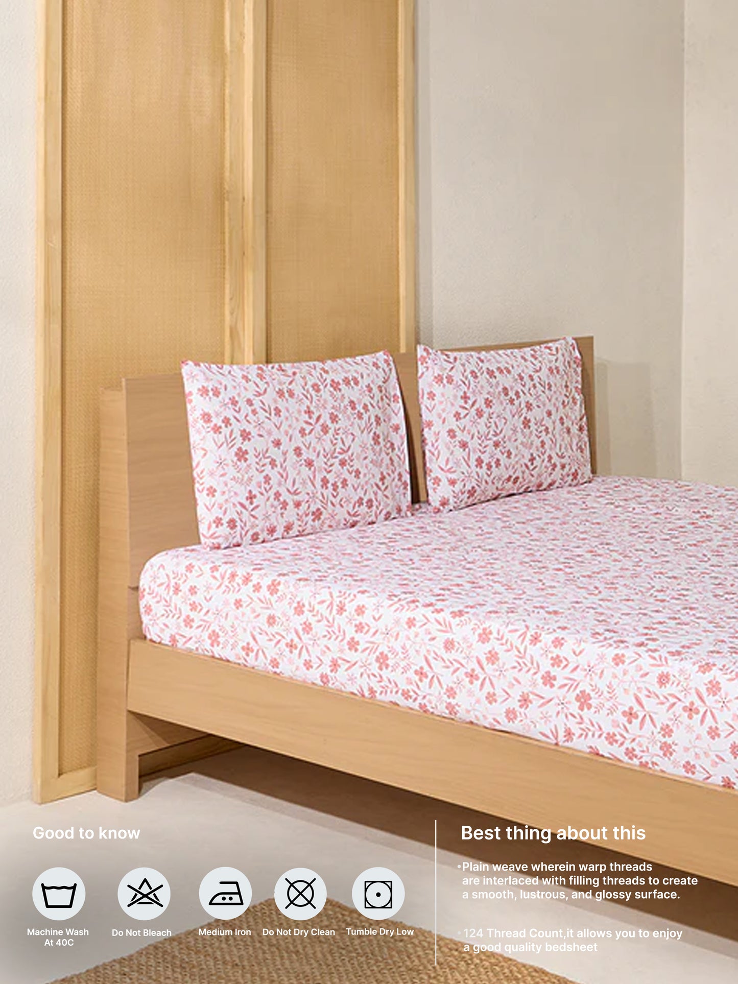 Westside Home Pink Floral Print Queen Bed Flat Sheet and Pillowcase Set