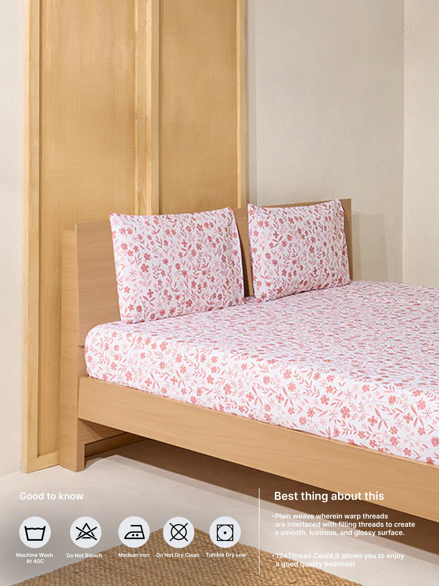 Westside Home Pink Floral Print King Bed Flat Sheet and Pillowcase Set