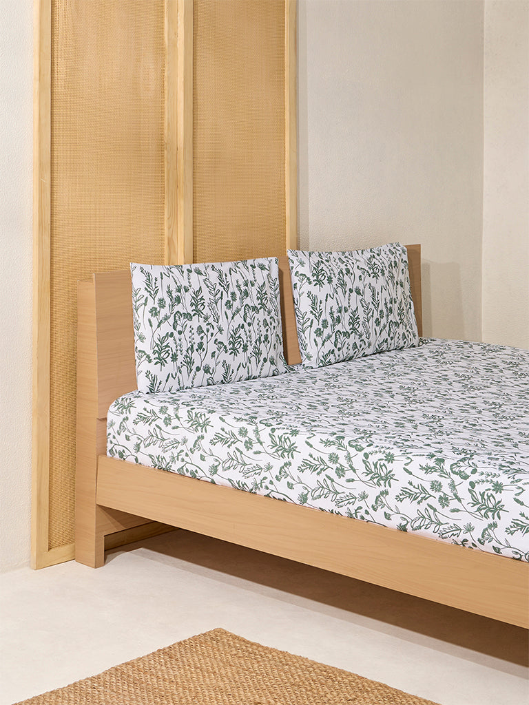 Westside Home Dark Green Print Queen Bed Flat Sheet and Pillowcase Set