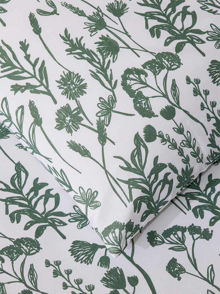 Westside Home Dark Green Print Queen Bed Flat Sheet and Pillowcase Set