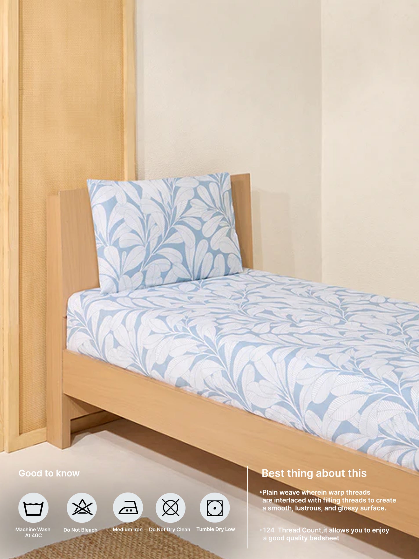 Westside Home Dusty Blue Leaf Printed Single Bed Flat Sheet and Pillowcase Set