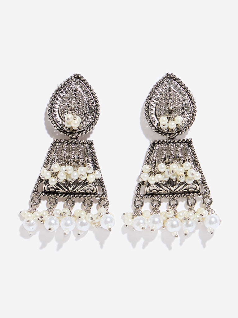 Westside Accessories Silver Pearl Embellished Carved Jhumka Earrings