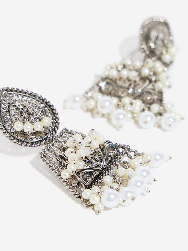 Westside Accessories Silver Pearl Embellished Carved Jhumka Earrings