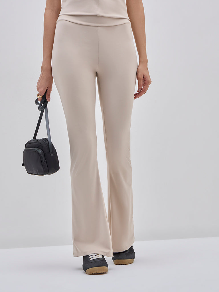LOV Beige High-Rise Cotton-Blend Bootcut Track Pants