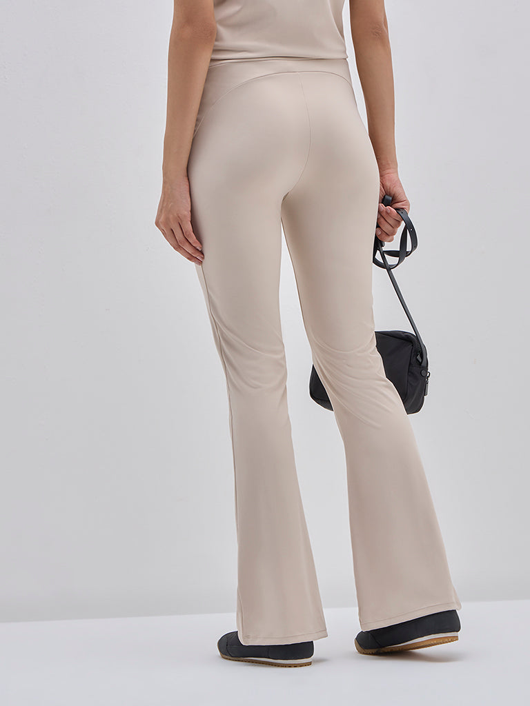 LOV Beige High-Rise Cotton-Blend Bootcut Track Pants