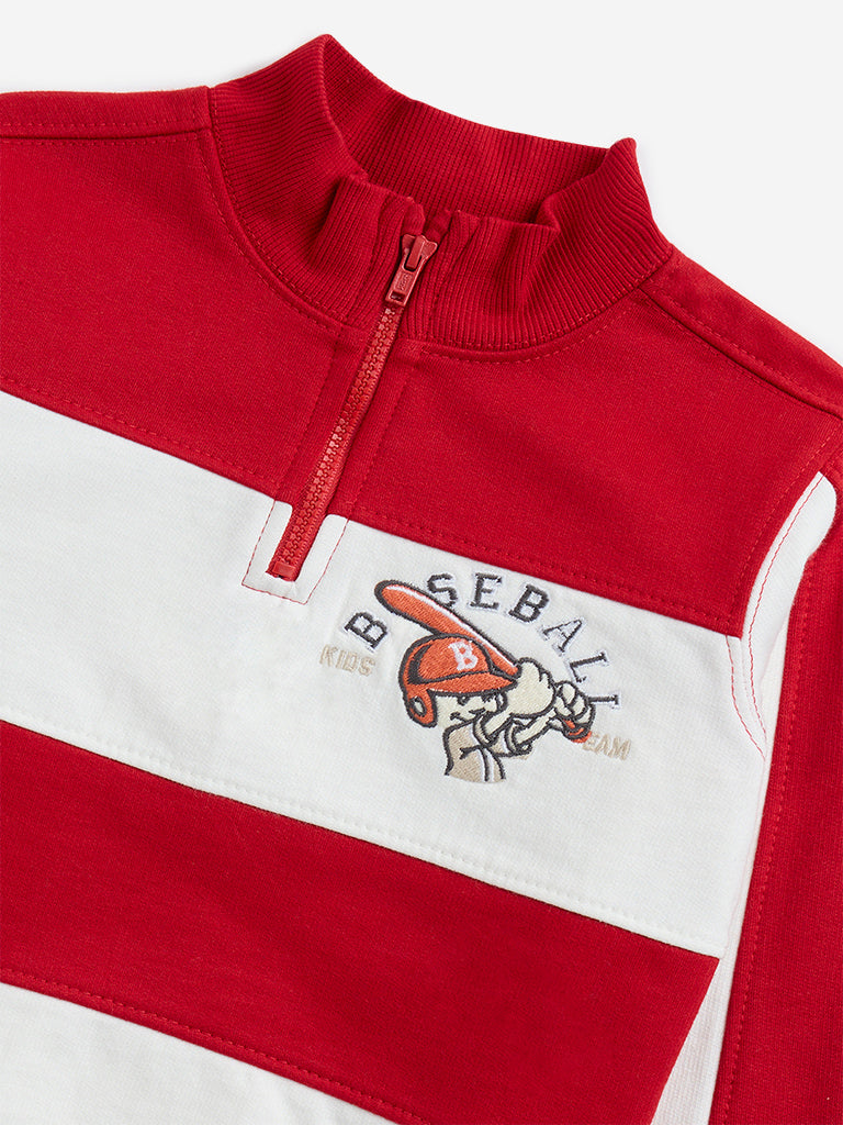 Westside HOP Kids Red Stripe Printed Cotton-Blend Sweatshirt for Winter Wear Zoomed View