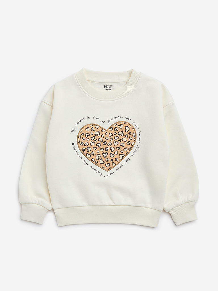 HOP Kids Off-White Heart Design Cotton-Blend Sweatshirt