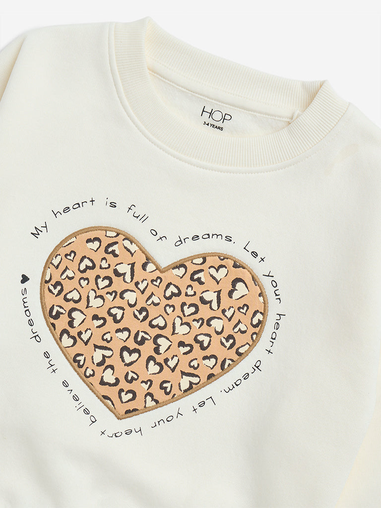 HOP Kids Off-White Heart Design Cotton-Blend Sweatshirt