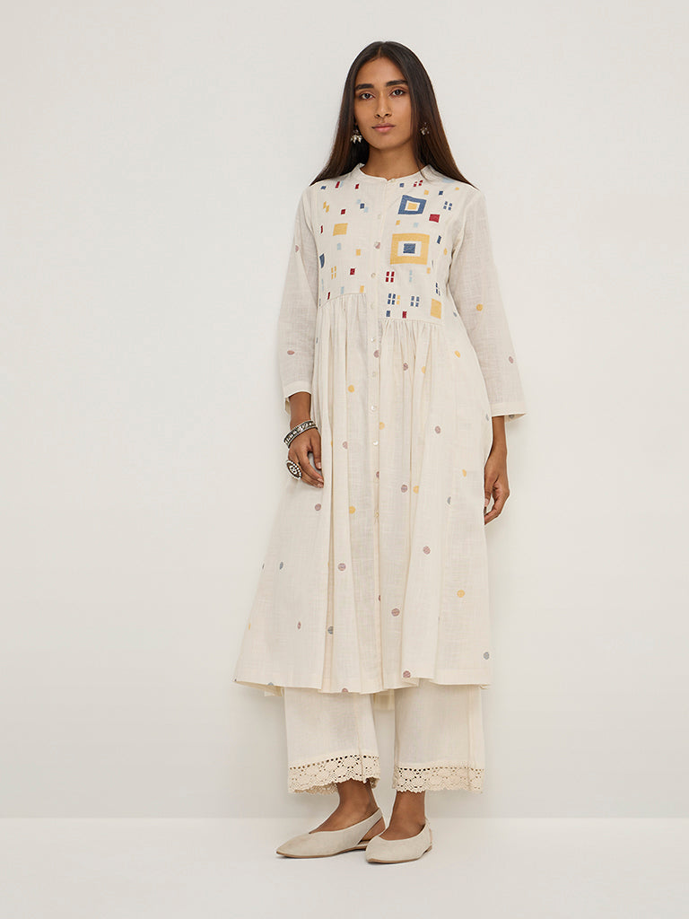 Utsa Off-White Geometric Design Fit-and-Flare Cotton Kurta
