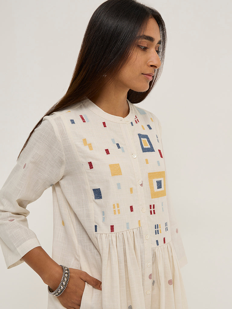 Utsa Off-White Geometric Design Fit-and-Flare Cotton Kurta