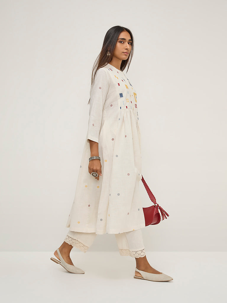 Utsa Off-White Geometric Design Fit-and-Flare Cotton Kurta