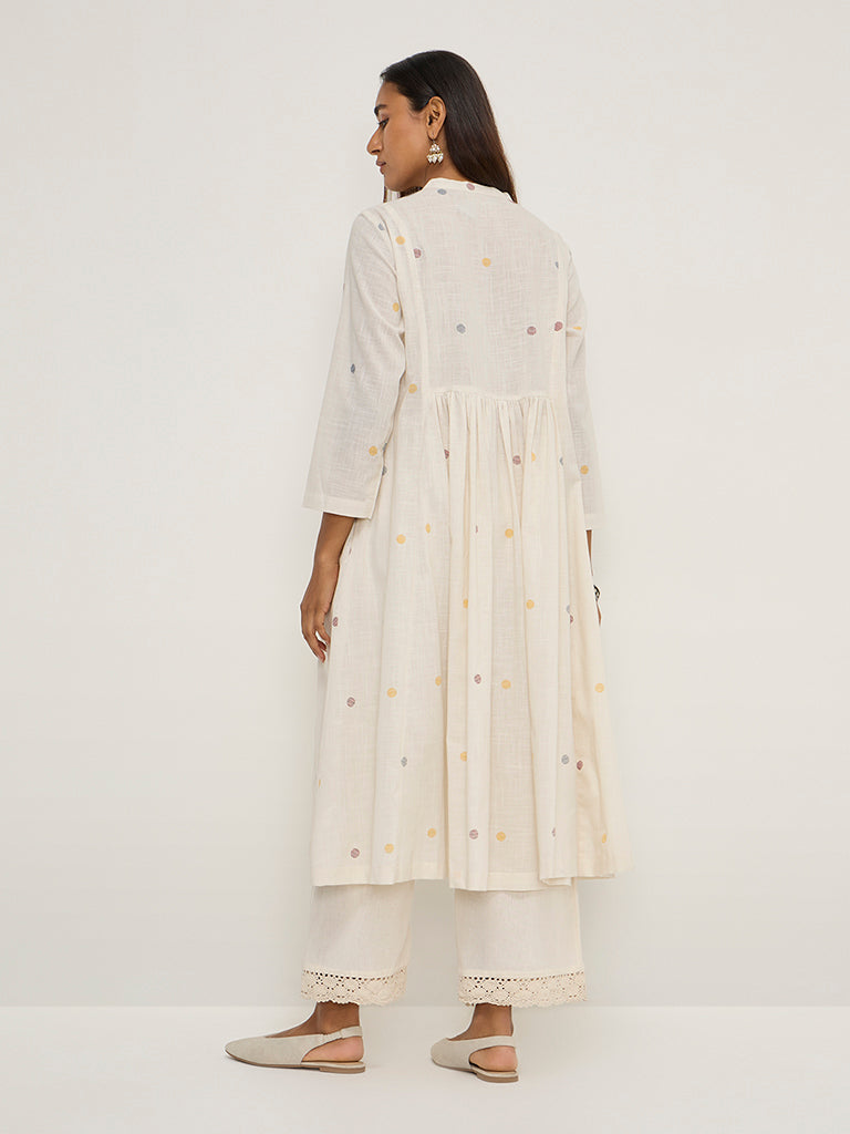 Utsa Off-White Geometric Design Fit-and-Flare Cotton Kurta