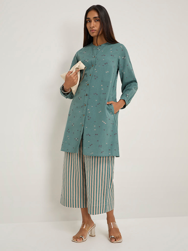 Utsa Teal Printed Cotton-Blend A-Line Kurta