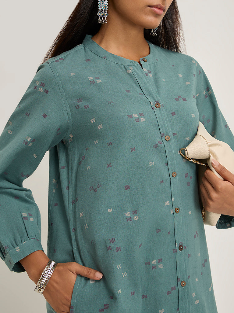 Utsa Teal Printed Cotton-Blend A-Line Kurta