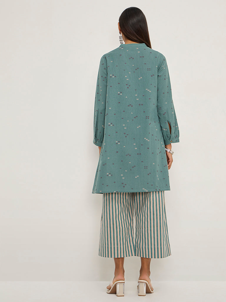 Utsa Teal Printed Cotton-Blend A-Line Kurta