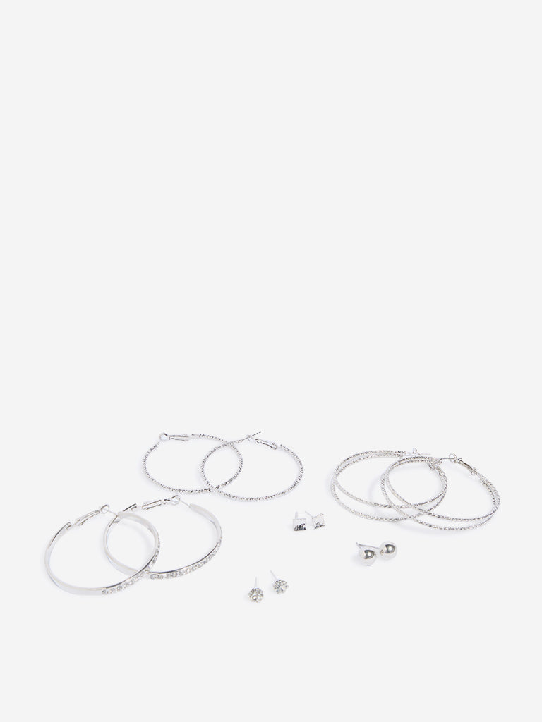 Westside Accessories Silver Stone Embellished Studs & Hoops Earrings - Pack of 6