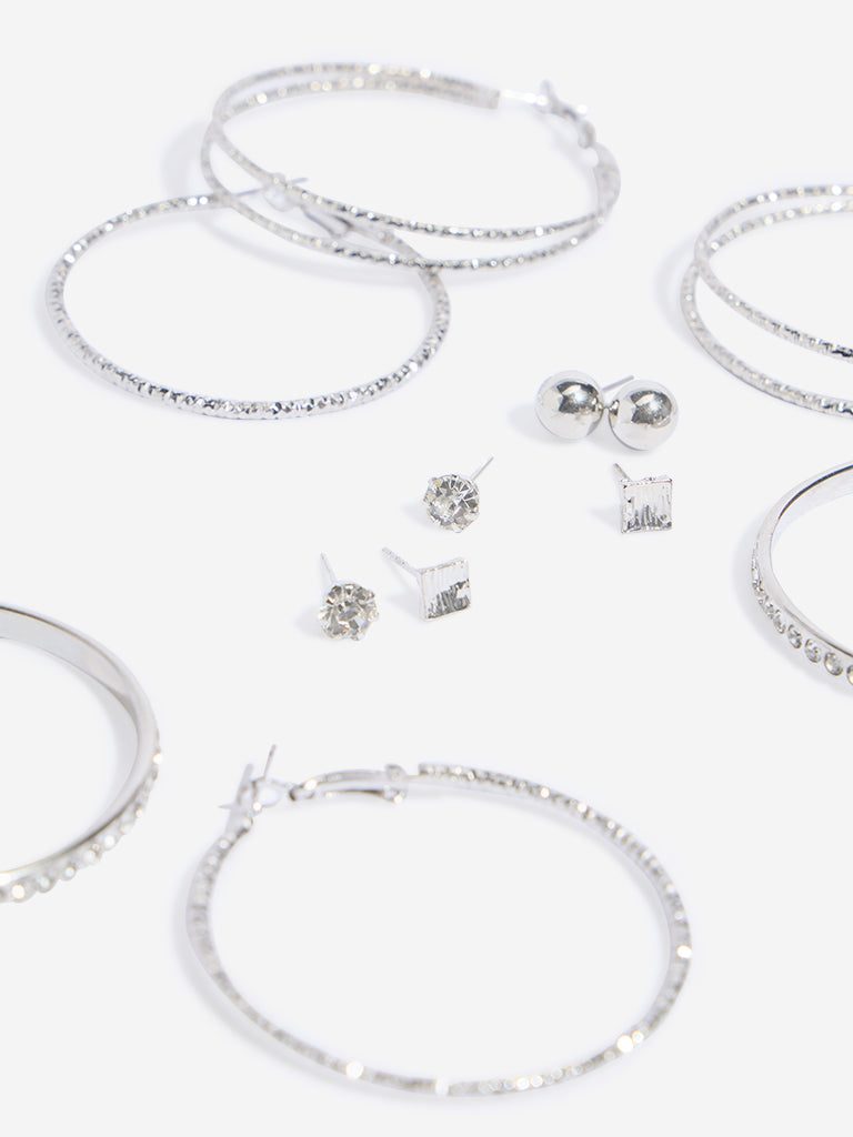 Westside Accessories Silver Stone Embellished Studs & Hoops Earrings - Pack of 6