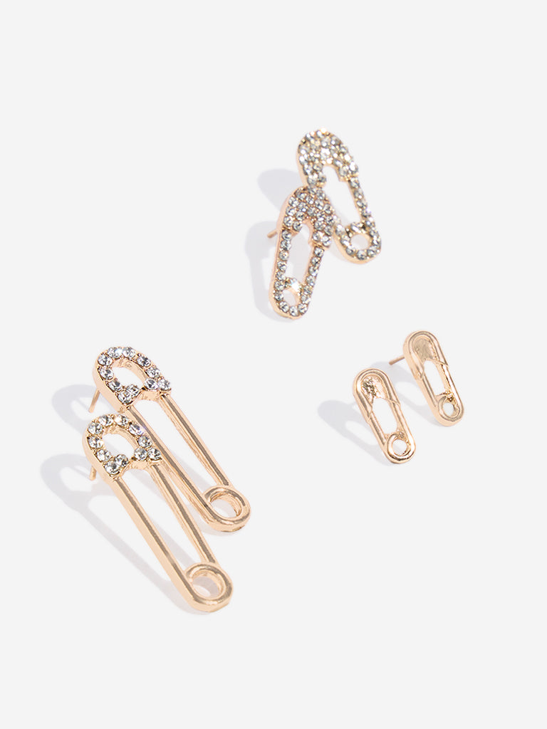Westside Accessories Gold Embellished Pin Earrings - Pack of 3