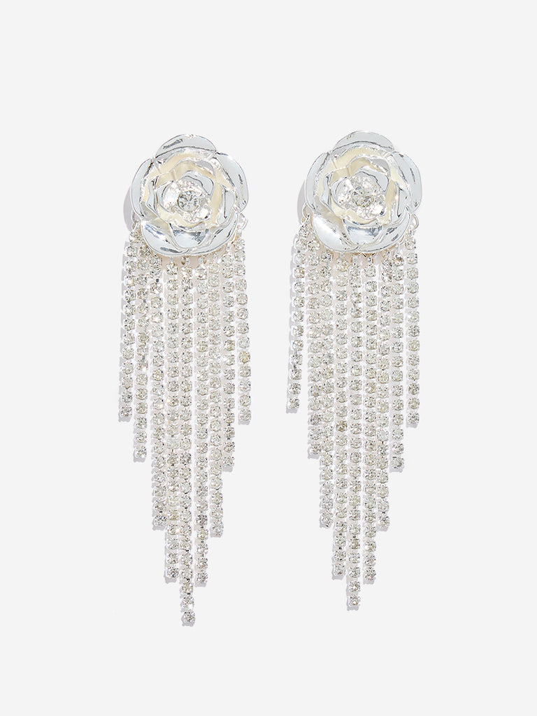 Westside Accessories Silver Rose Long Dangler Earrings